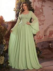 Glamrae 大码优雅奢华祖母绿喇叭袖手工镶钻可拆卸领带弹力针织雪纺长裙，适合婚礼、活动、单身派对、度假、晚宴、正式场合。 - 綠色 - 查看 4