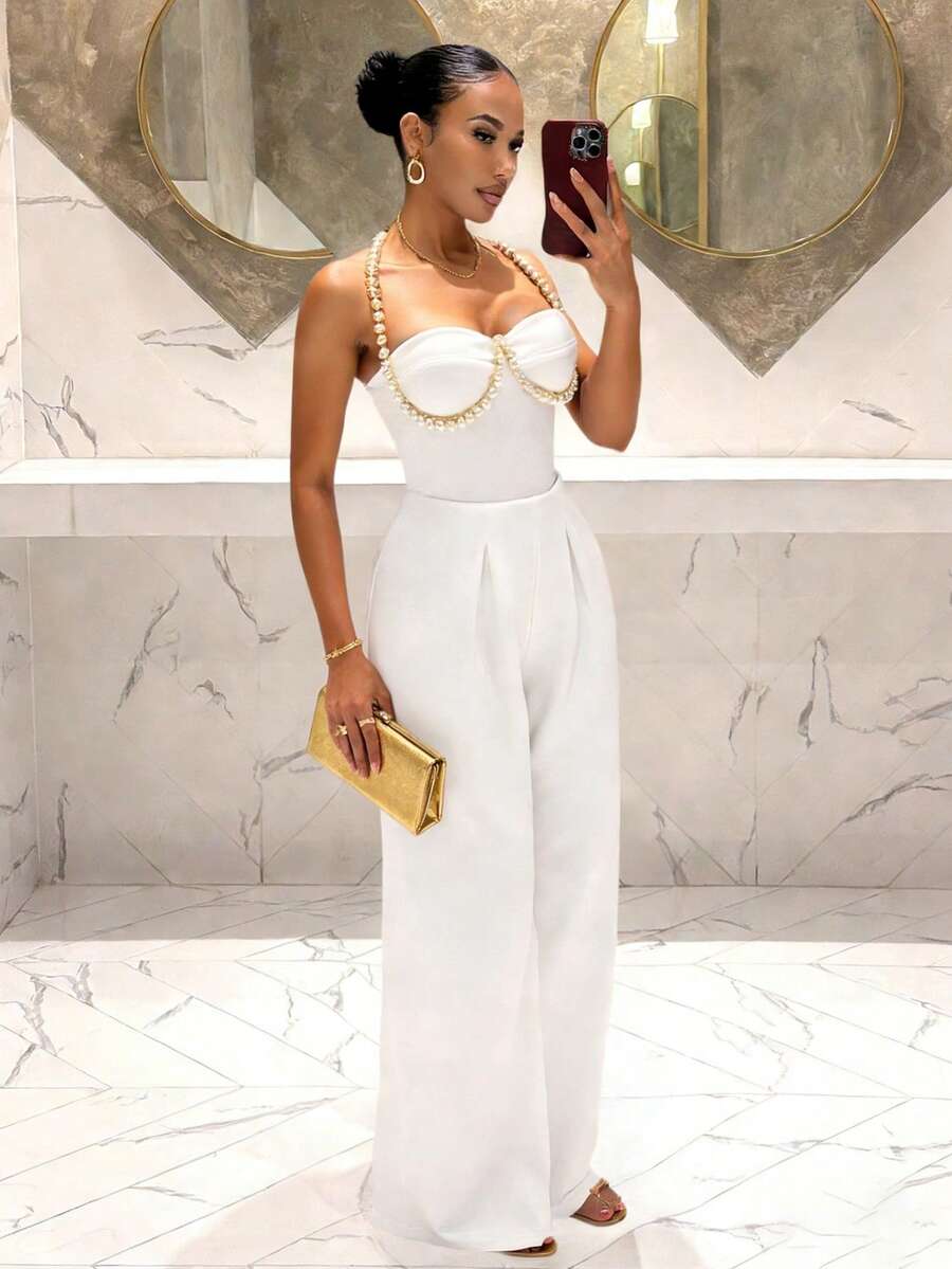 Slaydiva Áo liền quần hai dây sang trọng, gợi cảm, đính ngọc trai, thích hợp cho kỳ nghỉ xuân/hè, phù hợp cho đám cưới và tiệc tùng. - trắng - Xem 1