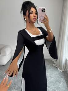 SHEIN Unity Women's Mid-Length Dress,Flared Sleeves,Waist Cinched,Slit Hem,Black And White,Color Block Design,Elegant,Holiday Dinner,Autumn,French Street Style - Multicolor - View 4