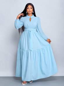 SOLERSUN 大码女装纯色宽松休闲立领前开衩水滴扣高端设计长袖腰带修身A字长裙，优雅舒适休闲时尚通勤气质连衣裙，新款，日常穿着，新年、秋季、冬季、约会、圣诞节，女装 - 淺藍色 - 查看 5