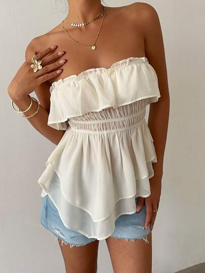 Aloruh Women's New Elegant Romantic Fashion Apricot Ruffle Hem Artistic Ruched Bandeau Top, Suitable For Wedding, Daily Wear, Date