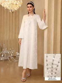 Al Najma Women's Apricot Jacquard Long Sleeve Elegant Rhinestone Embellished Loose Fit Dress - Apricot - View 8