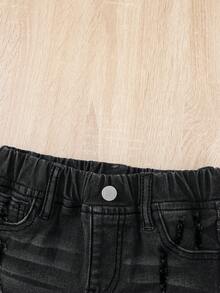 SHEIN 少女夏季休闲水洗做旧牛仔短裤 - 黑色 - 查看 3