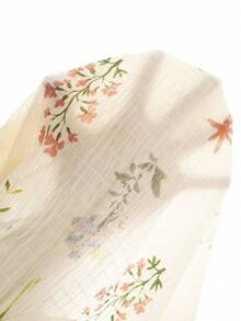 Elenzga Front Twist Ditsy Floral Textured Fabric Puff Sleeve Gathered Waist Flared Hem Women Blouse - Apricot - View 7