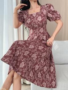 DAZY 女士方领收腰A字纹理面料连衣裙波西米亚风 - 酒紅色 - 查看 6