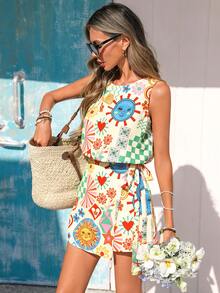 Vivid Eden Bộ đồ 2 mảnh gồm áo không tay và quần short buộc dây bên hông dành cho nữ, họa tiết in nghệ thuật, trang phục đi biển thường ngày. - Nhiều màu - Xem 3