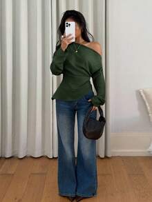 Siren Gaze Women's Casual Solid Color Textured Oblique Shoulder Long Sleeve Top, Autumn - Army Green - View 4