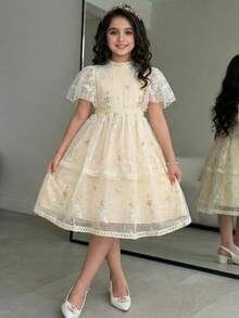 SHEIN Tween Girl Elegant Round Neck Ruffle Sleeve Lace Fabric Dress - Apricot - View 2