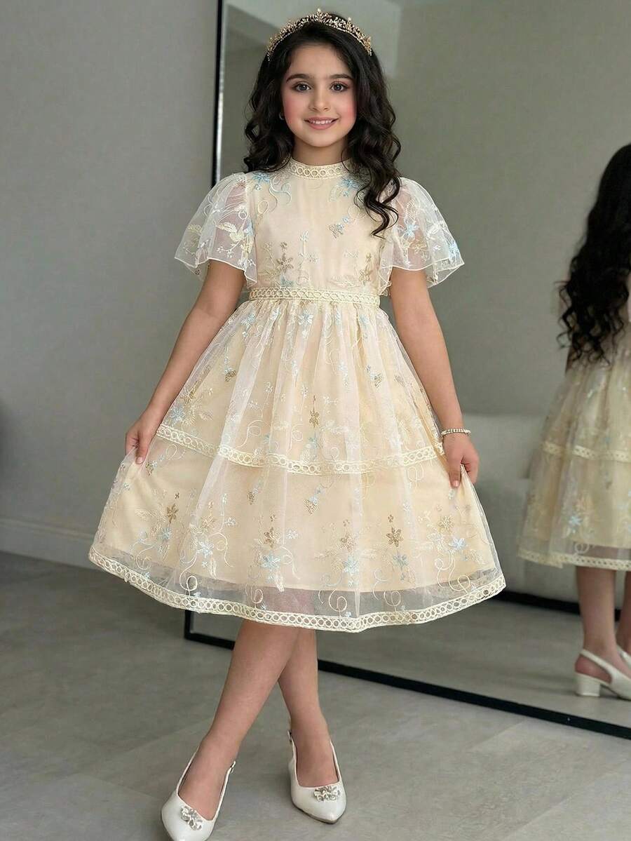 SHEIN Tween Girl Elegant Round Neck Ruffle Sleeve Lace Fabric Dress - Apricot - View 1