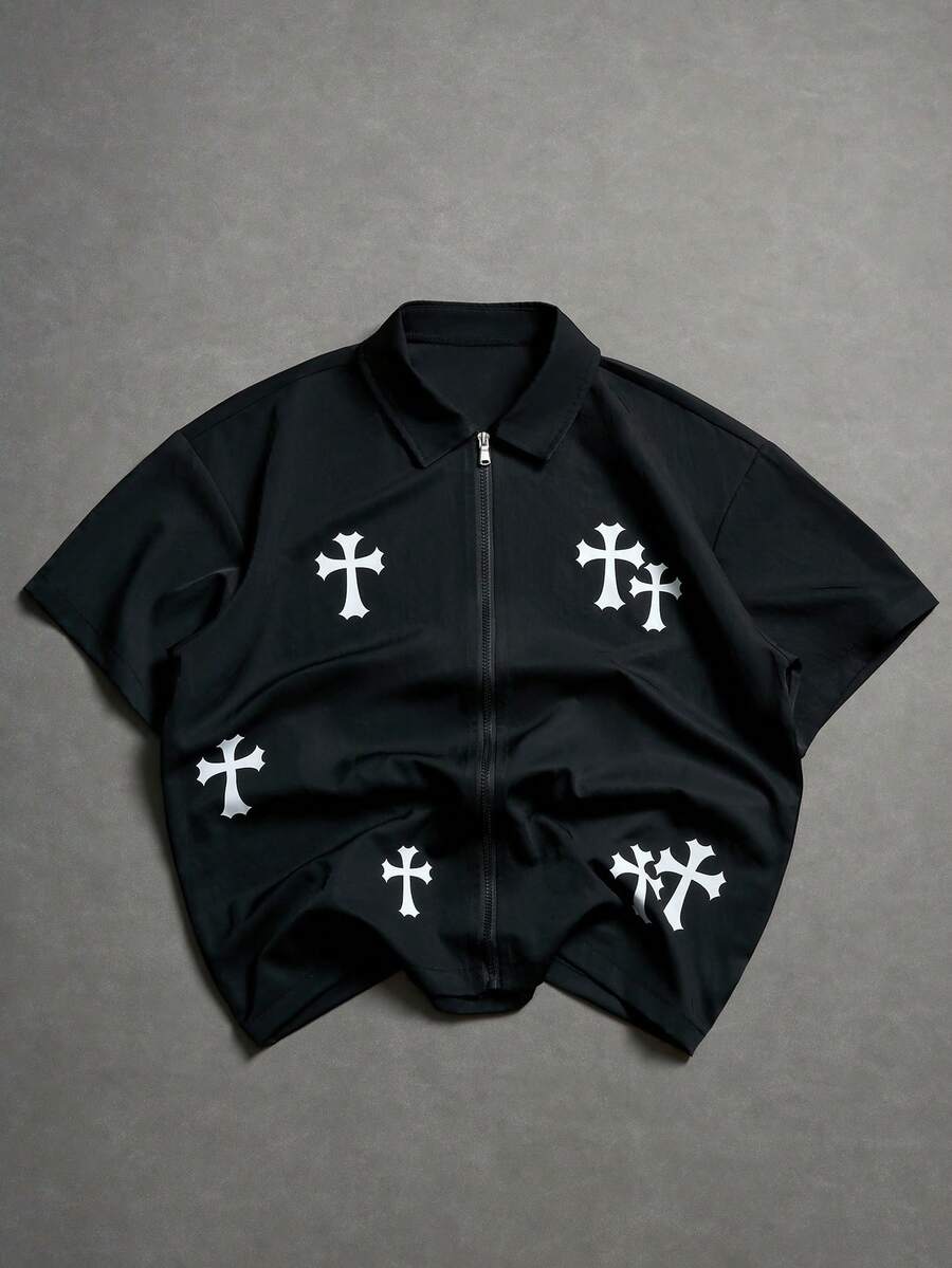 Manfinity Roghcode Men's Cross Print Zip Collar Short Sleeve Shirt - Black - View 1