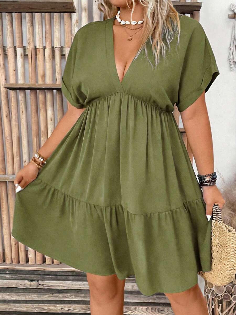 EMERY ROSE 大码女式纯色深V领蝙蝠袖休闲连衣裙 - 綠色 - 查看 1