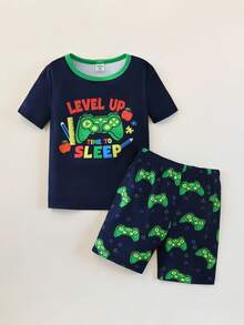 Young BoyVideo Game Glow-In-The-Dark Round Neck Short Sleeve Top And Shorts Pajama Set - Multicolor - View 3