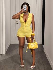BamGleam Women's Yellow Summer Chic Textured Jumpsuit, Collar Button Casual Sexy Romper For Club Night Out Vacation Night, Boho Beach Vacation, Western Cruise - Yellow - View 7