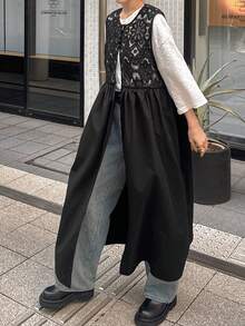 FRIFUL Women's Solid Color Layered Sheer Lace Patchwork Loose Casual Robe, Versatile Spring Outfit Sundress - Black - View 4
