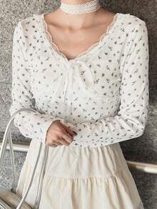 FRIFUL 女士撞色蕾丝碎花系带长袖T恤 - 白色 - 查看 8