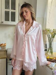 Women's Fashion Satin Lapel Cardigan With Pockets & Lace Trim Shorts Pajama Set - Baby Pink - View 7