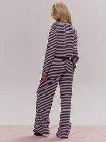 MUSERA V领条纹罗纹宽松长袖上衣搭配阔腿松紧腰长裤套装，可爱少女性感春冬季日常外出复活节糖果色 - 灰色 - 查看 4