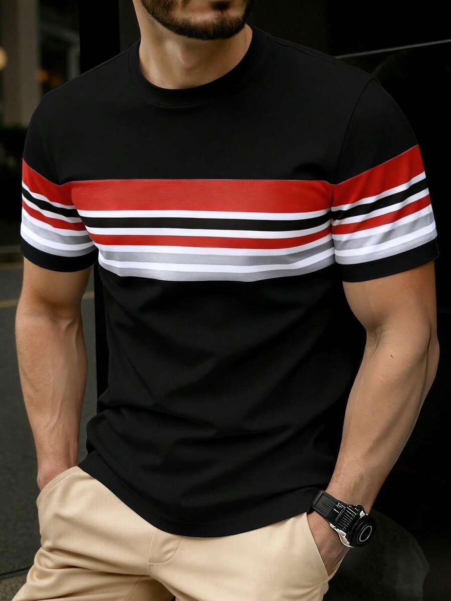 Manfinity Homme Áo thun nam tay ngắn cổ tròn kẻ sọc, kiểu dáng thường ngày, đa năng - Nhiều màu - Xem 1