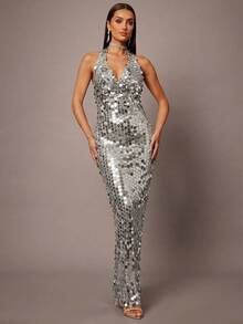 Silquee Đầm ôm sát đính sequin cổ khoét sâu hở lưng thanh lịch dành cho nữ dự tiệc - Bạc - Xem 7