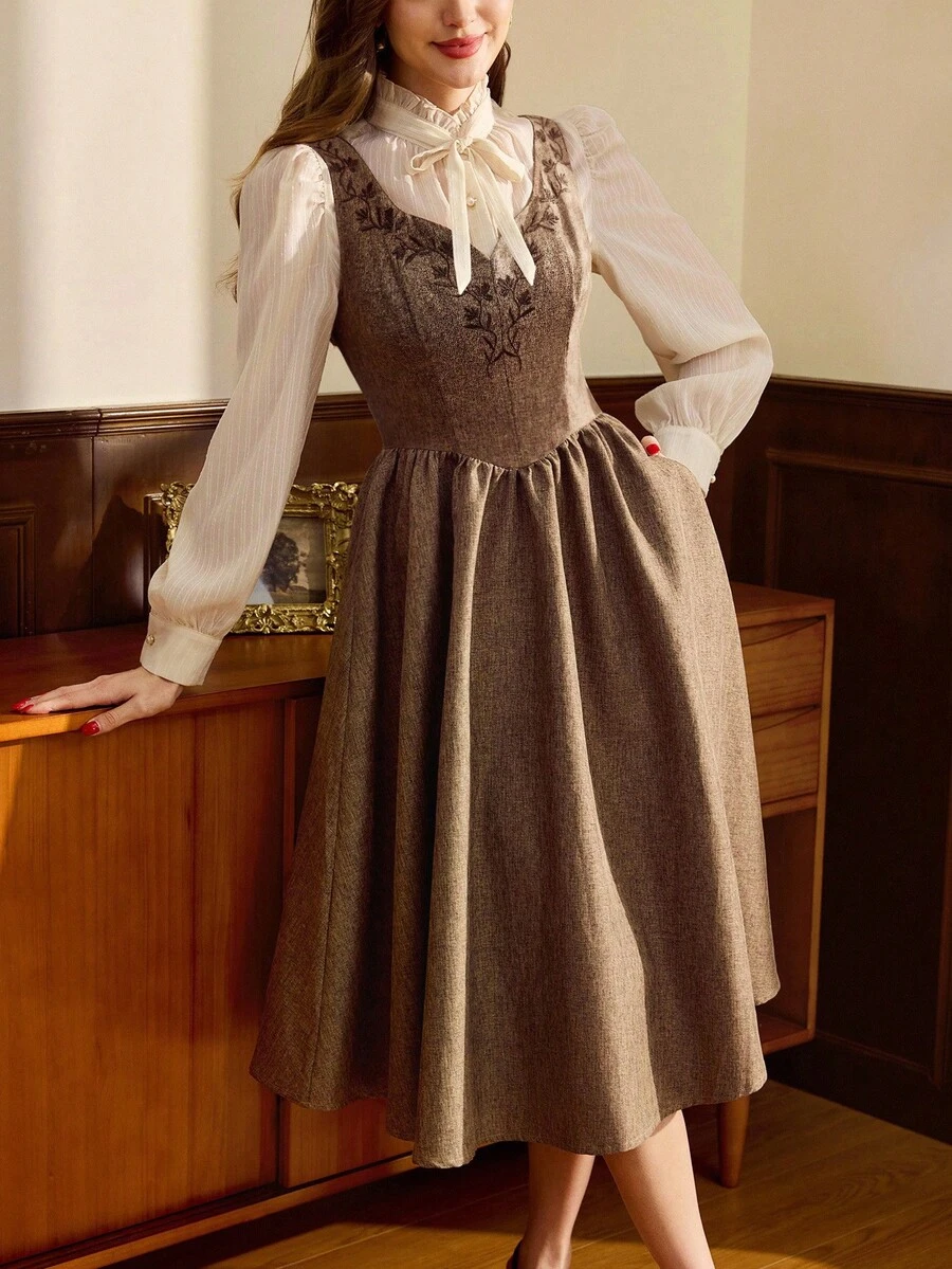 Vintamour Vintage Classic Elegant Women Embroidered Fitted Tank Dress, Brown Brown Elegant Dress Women Coffee Brown Dress Cottagecore Dress French Style Dress Spring Outfit Women Spring Dress For Women - Brown - View 1