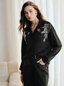 Anewsta 女士优雅百搭秋季卫衣，饰有串珠刺绣，黑色长袖套头衫 - 黑色 - 查看 4