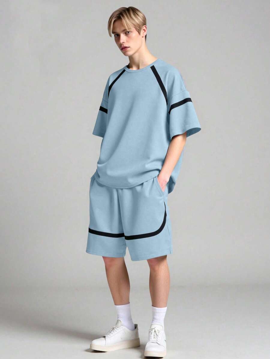 SHEIN Vacaura 2件套青少年春夏秋季撞色条纹短袖T恤和口袋短裤休闲运动时尚套装 - 藍色 - 查看 1