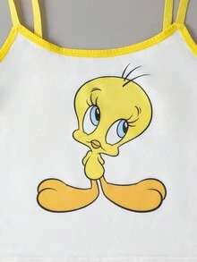 LOONEY TUNES X SHEIN Plus Size Women Cute Cartoon Pattern Contrast Binding Cami Top & Briefs Set - White - View 3