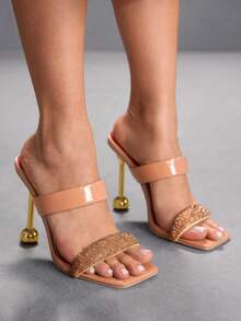 CUCCOO SZL Women's High Heel Sandals, Square Toe, Rhinestone Embellished, Asymmetric Heel, Suitable For Summer, Nightclub, Party, Runway - Apricot - View 2