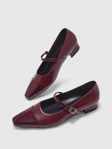 CUCCOO BIZCHIC 女士酒红色漆皮方头玛丽珍鞋，复古风格，适合工作和通勤穿着，百搭 - 酒紅色 - 查看 10
