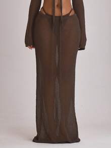 Musera Resort Knit Tie Front Maxi Skirt Cover Up Swim Vacation Holiday Summer Travel Beachwear Basics Solid Colour Resort Core Casual Elegant - Coffee Brown - View 3