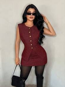 SHEIN SXY بدلة نسائية كاجوال للعمل مكونة من سترة وتنورة بطبعة هندسية، مناسبة للمكتب باللونين الأحمر والأسود، فستان أزرار بطراز فرنسي، فستان تويد للنساء، فساتين عمل للنساء، بلوزات عمل أنيقة للنساء، طقم أنيق للنساء للعمل - الأحمر - مشاهدة 7