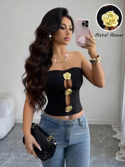 Rafferiza 女士性感优雅镂空玫瑰装饰金属点缀短款吊带背心，适合外出约会，春夏款