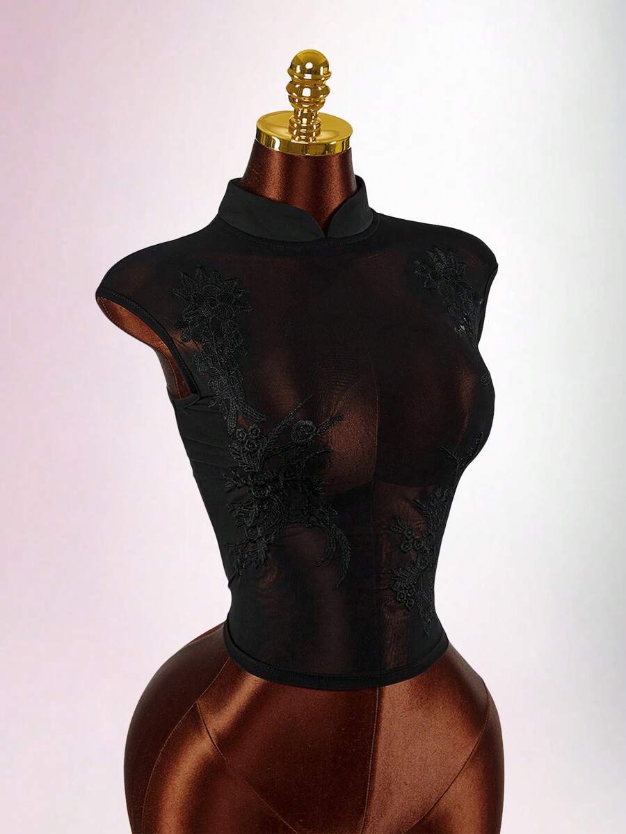 Amplova 女士薄纱花卉上衣，性感露背设计，立领，性感撩人 - 黑色 - 查看 1