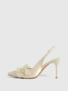 CUCCOO HITCHD Pointed Toe Stiletto Heels Apricot Pearl Chain Mesh Lace Backstrap Women's High Heel Pumps, Wedding, Party, Evening Wear - Apricot - View 4