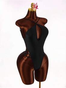 Amplova 一件式女士性感露背挂脖连体泳衣，带钢圈，适合度假和日常穿着 - 黑色 - 查看 4