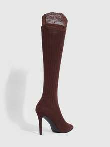 CUCCOO SZL Women's Contrast Lace Ribbed Elegant Pointed Toe Over-The-Knee High Heel Boots, Suitable For Daily Wear Valentine's Day - Chocolate Brown - View 5