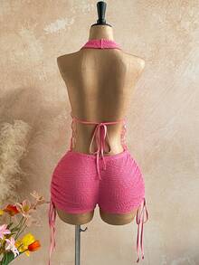 Soleia 两件套女士度假露背系带紧身上衣和低腰褶皱抽绳短裤，性感时尚套装，适合派对、约会、下午茶、嘉年华、海滩等场合。 - 粉色 - 查看 2