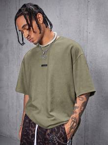 AXEPEAK Men's Street Style Air Layer Suede Flocked Loose Dropped Shoulder Crew Neck Short Sleeve T-Shirt - Army Green - View 2