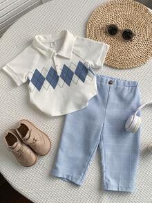 SHEIN 两件套男宝宝春夏学院风菱格纹短袖Polo衫及蓝色格子裤绅士套装，适合生日派对、锐舞派对、晚宴、演出、婚礼、迎婴派对、一周岁生日庆祝等场合。 - 彩色 - 查看 11