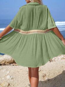 Swim Vcay Women's Vacation Patchwork Wavy Striped Single-Breasted Kimono Cover Up - Army Green - View 2