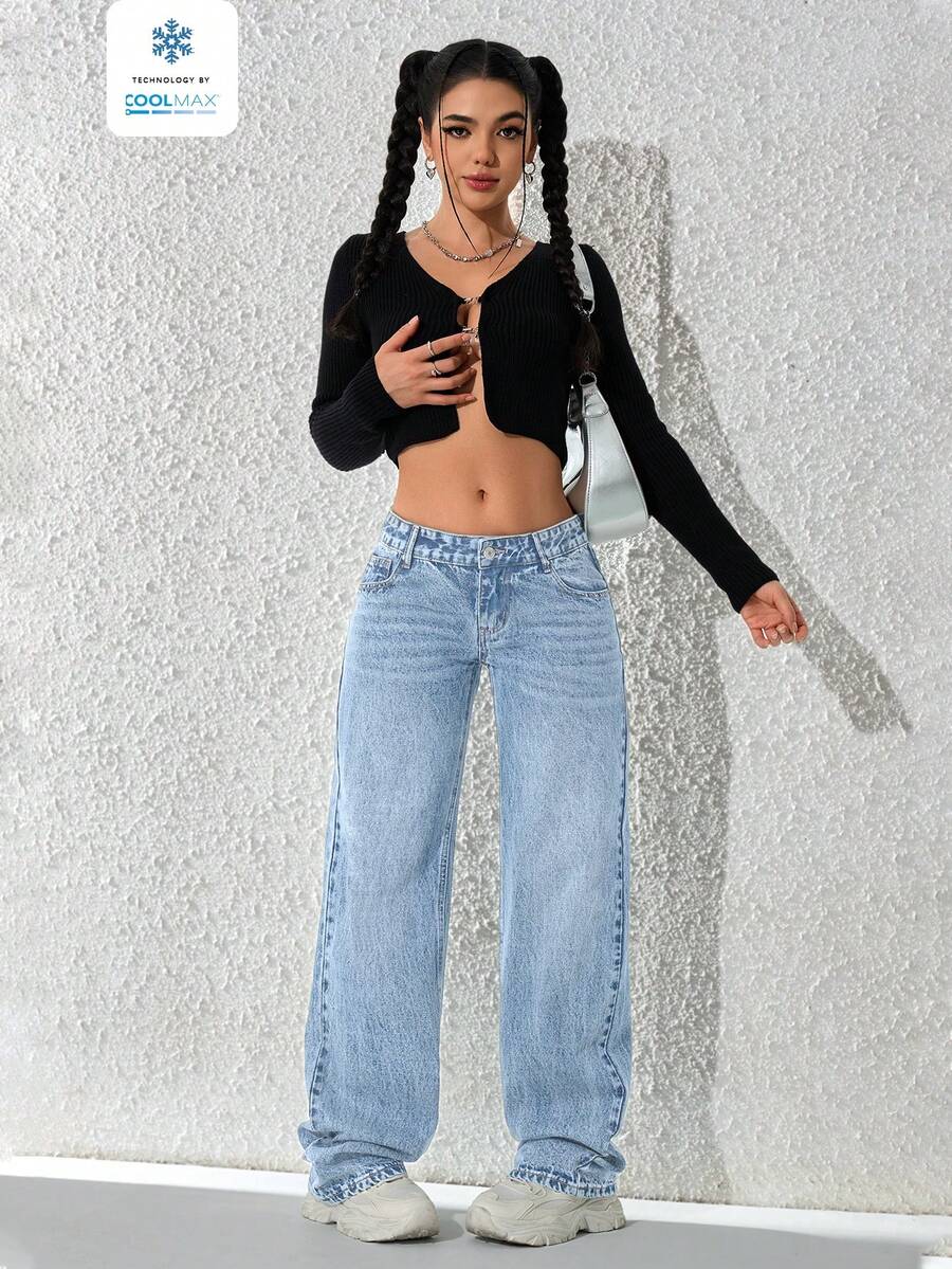 SHEIN ICON 女士浅蓝色休闲低腰直筒牛仔裤 - 藍色 - 查看 1