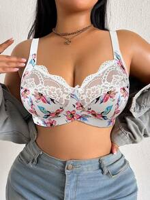DesireSculpt 1pc Plus Size Lace Patchwork Wireless Bra - Multicolor - View 7