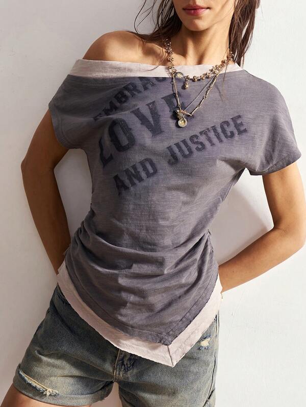 Bohemela Women's Summer Y2K Casual Fashion For Streets, Vacations, Bohemian Country Western Music Festivals, 2 In 1 Color-Blocked Retro Washed Letter Pattern T-Shirt, Free And Relaxed Style Of Dressing, Multiple Ways To Wear , Suitable For Casual Outings, Girls' Gatherings, Music Festivals, Parties, Layering, And Relaxing At Home. Party Top, Beach , Everyday, Summer For Women, Concert Women's Style, Music Holiday