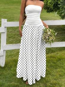 MainGRL Women's White Polka Dot Print Ruffle Hem Strapless Dress, Suitable For Vacation, Autumn Fashion, Wedding Guest Attire, Birthday Party, Outdoor Wear Strapless Maxi Dress Women White Polka Dot Dress Vacation Outfits Woman - Multicolor - View 5