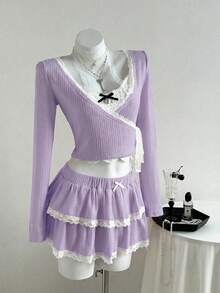 Elamini 两件套女士V领针织蕾丝边长袖上衣搭配蝴蝶结装饰蓬蓬裙，休闲甜美少女约会之夜装扮，适合圣诞派对、新年等场合，粉色 - 紫色 - 查看 5