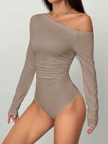 FavEase Body asimétrico de manga larga, ajustado, con cintura fruncida, para mujer, en color negro, para otoño - Caqui - Ver 5