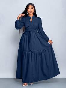SOLERSUN Plus-Size Women's Fashion Solid Color Loose Casual Stand Collar Front Slit Teardrop Button High-End Design Tie-Waist Slim A-Line Long Dress, Elegant, Comfortable, Casual And Fashionable Commuter Dress - Navy Blue - View 5