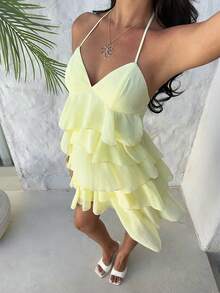 Aloruh Women's Elegant Sexy Fashionable Romantic Date/Graduation/Party Layered Ruffle Halter Backless Tie Strap Mini Dress, Light Yellow, Spring/Summer - Light Yellow - View 8