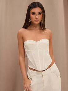 SHEIN X YERIMUA SHEIN BAE Áo lót bralette tối giản, chất liệu pha lanh, kiểu dáng vintage, thích hợp cho kỳ nghỉ thư giãn, nghỉ mát ở biển, du lịch miền Nam nước Pháp, Ý, Ibiza, áo lanh, áo mặc đi làm, áo lót bralette mặc thường ngày. - Màu be - Xem 6
