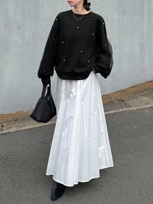 FRIFUL 女士圆领网眼拼接珍珠装饰加厚抓绒卫衣 - 黑色 - 查看 2